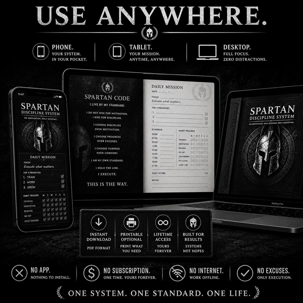 Use anywhere phone tablet and desktop mockup for Spartan Discipline System